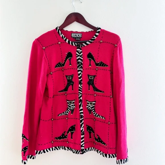 Vintage Hot Pink Zebea Shoe Cardigan – Size Large - Picture 7 of 7
